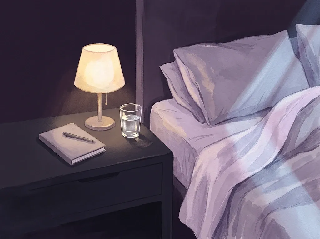 A notebook and pen ready on a nightstand beside a dim lamp in soft moonlight