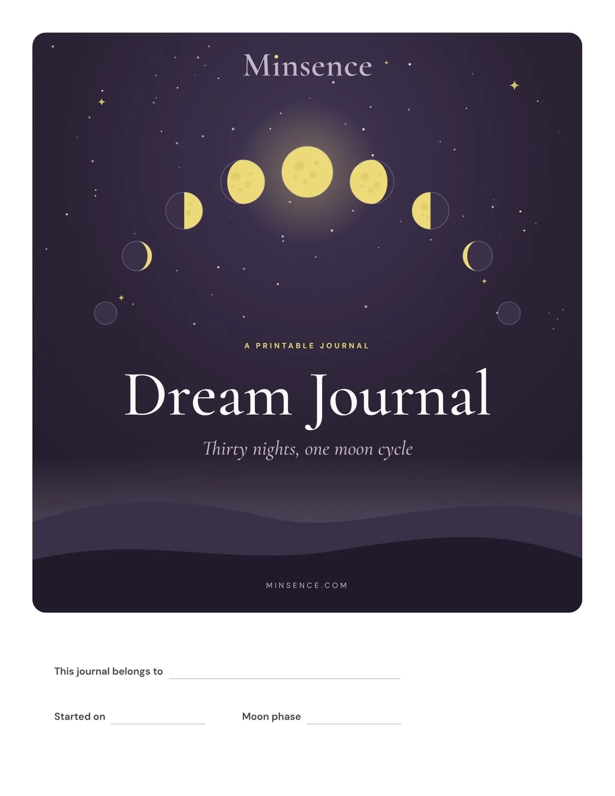 Cover of the free Minsence Dream Journal: thirty nights, one moon cycle