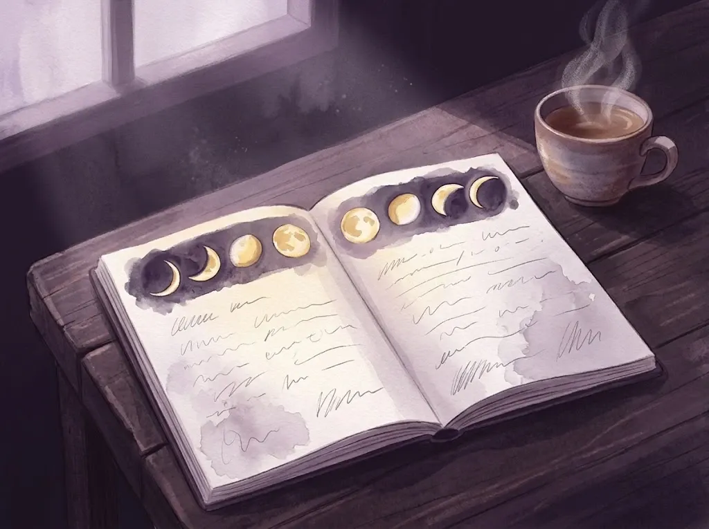 An open journal with eight small painted moon phases across the top of the page and space for reflection below