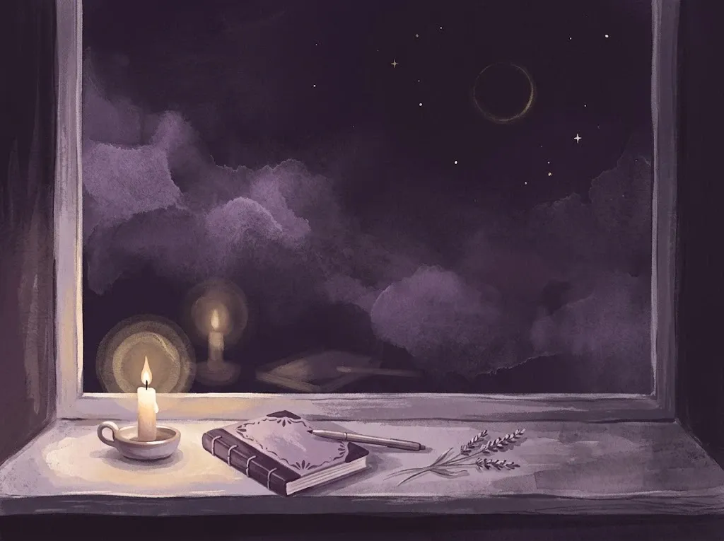 A lit candle, a small notebook and a sprig of dried lavender on a windowsill under a dark new moon sky