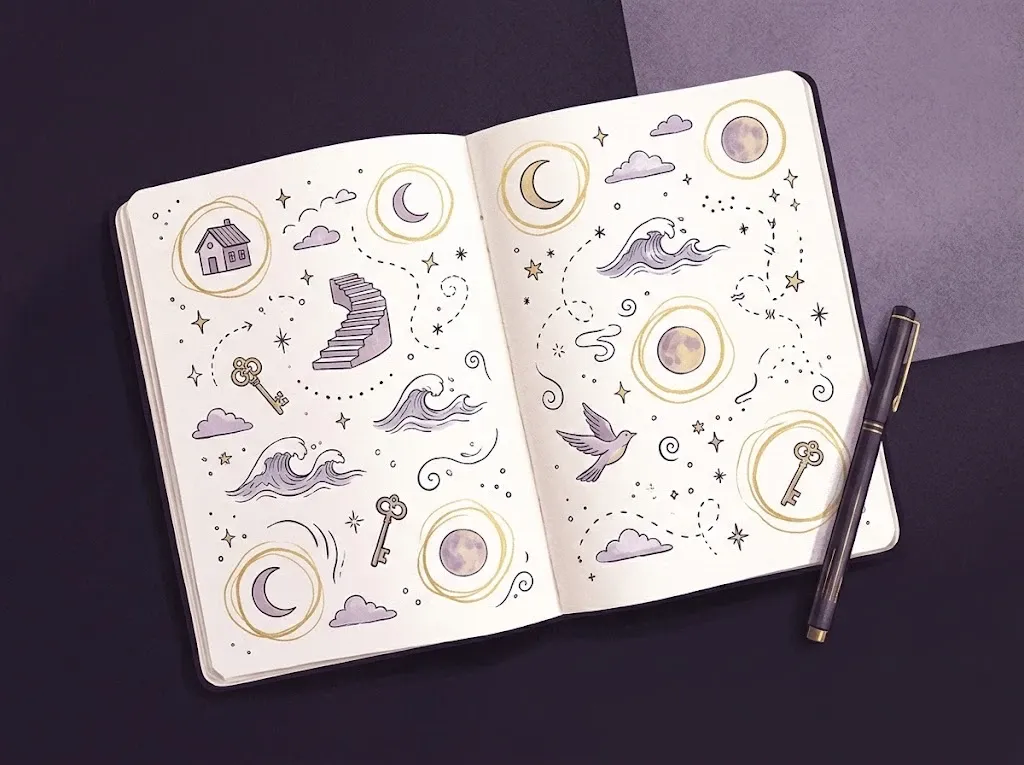 Journal pages with small hand-drawn dream symbols, the recurring ones circled in gold